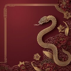 Fototapeta premium Happy chinese new year, year of the snake zodiac sign hanging beautiful lantern and flowers on red background. Copy space