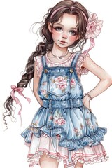 A cute little girl in summer clothes, surrounded by white space, captured in a delicate watercolor.
