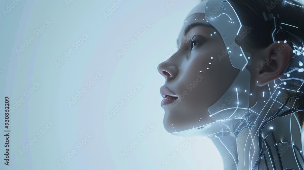 Poster digital human with futuristic neural network showcasing advanced technology and artificial intellige