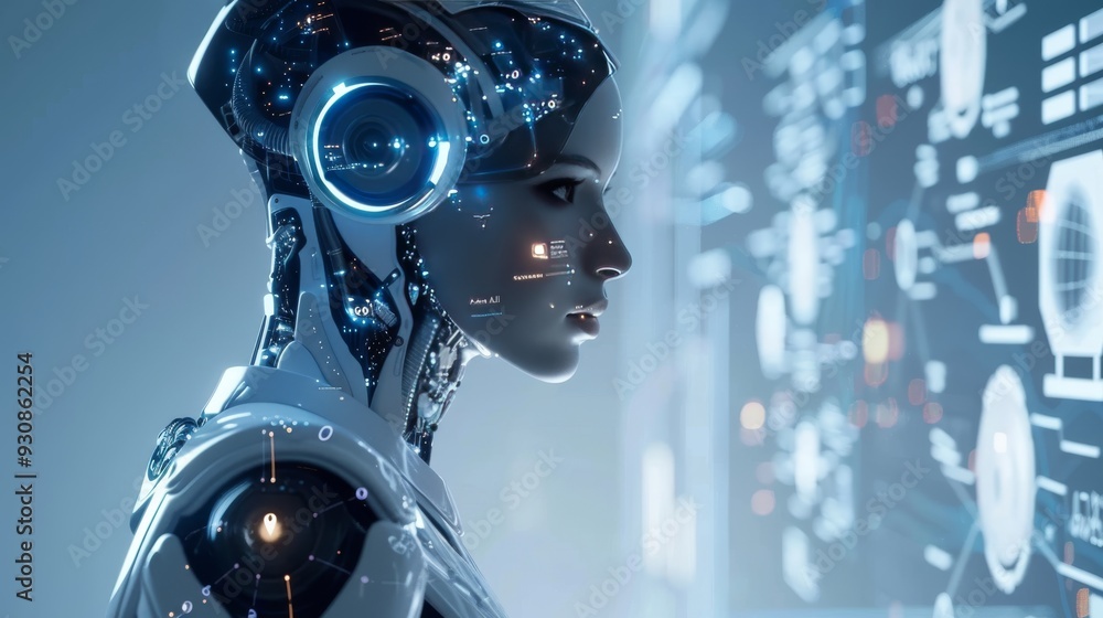Poster digital human with futuristic neural network showcasing advanced technology and artificial intellige
