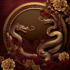 Fototapeta premium Happy chinese new year, year of the snake zodiac sign hanging beautiful lantern and flowers on red background. Copy space