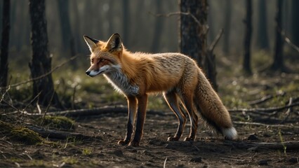 Obraz premium Red Fox Standing in a Forest Clearing After a Fire
