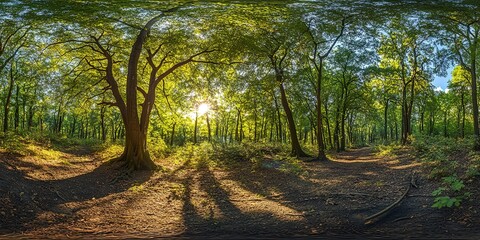 Fototapeta premium Beautiful forest panorama with large trees and bright sun, wide angle lens.