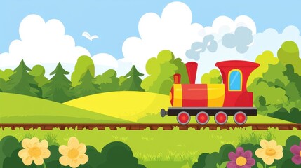 Cartoon Train Engine on Track with Green Hills and Flowers