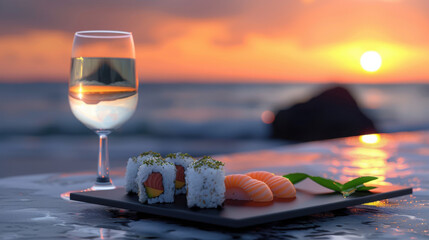 White wine by the glass and beautifully served sushi. Beautiful summer beach in the background.