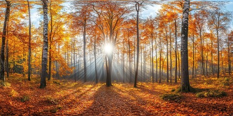 Panoramic image of a beautiful autumn forest with sunbeams 