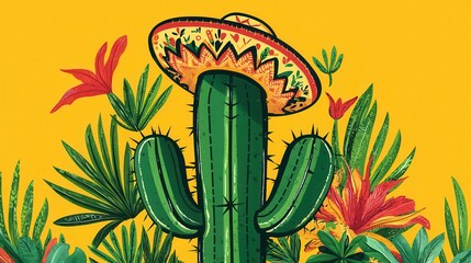 Cactus Wearing Sombrero  with Tropical Leaves and Flowers on Yellow Background