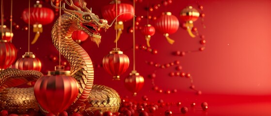 Happy chinese new year, year of the snake zodiac sign hanging beautiful lantern and flowers on red background. Copy space