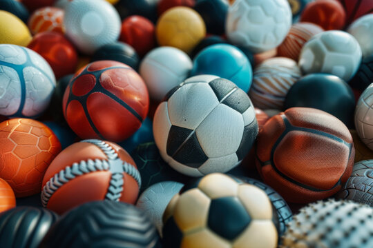A colorful assortment of various sports balls arranged together in a lively display, showcasing different types and designs
