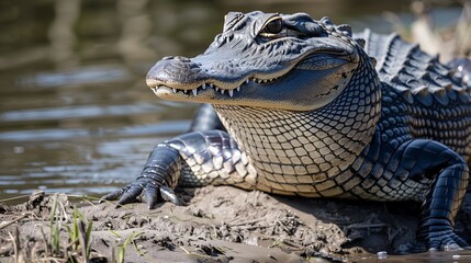 Fototapeta premium A large alligator with a toothy grin resting on the bank of a river with its head turned to the side.