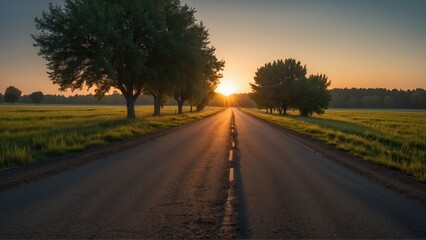 Fototapeta premium Empty Road Leading Towards a Golden Sunrise