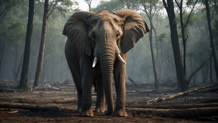 An Elephant Stands Among Fallen Trees in a Foggy Forest