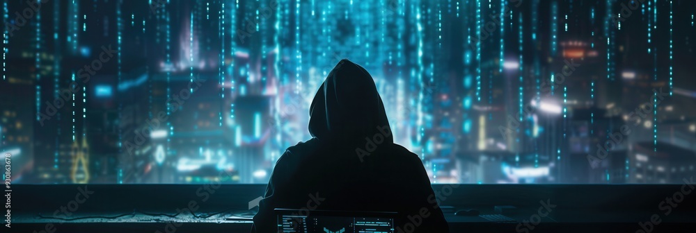 Poster a silhouette of a hooded figure focuses on a computer screen filled with cascading code, surrounded 