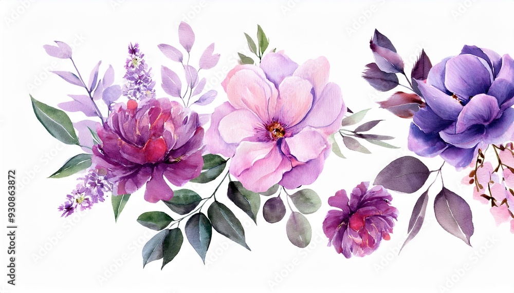 Wall mural purple pink floral watercolor arrangements