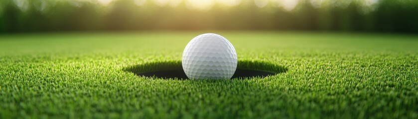 Obraz premium A close-up view of a golf ball nestled near the hole on a lush green grass surface, capturing a moment of anticipation in the game.