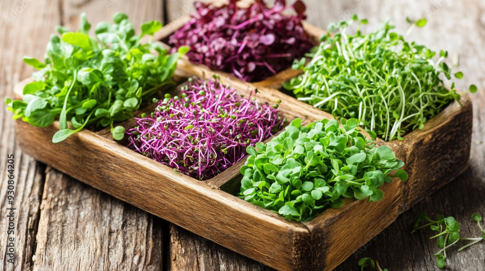 Sticker variety of microgreens displayed on wooden trays, showcasing fresh, vibrant, and healthy greens. The image captures the diversity of plant life in a natural setting, emphasizing organic growth and sus