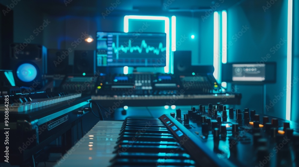 Poster high tech sound engineering studio with illuminated control panels and advanced technology designed 