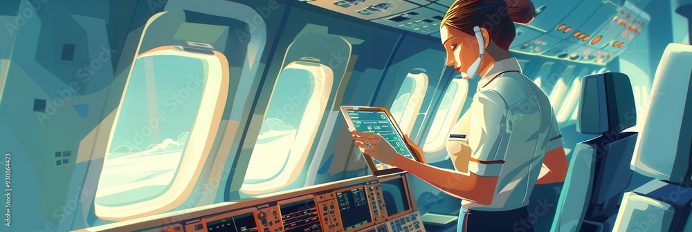 Poster a flight attendant attentively reviews passenger information while standing in the cockpit on a brig