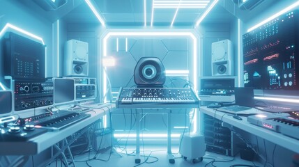 Futuristic DJ booth with neon lighting and advanced sound equipment designed for high energy music production and dynamic audio experiences