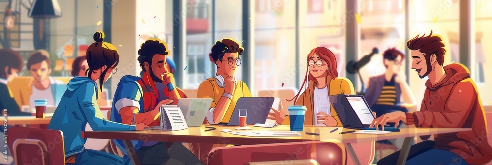 Poster young entrepreneurs brainstorm and work on laptops at a communal table in a lively cafe, surrounded 