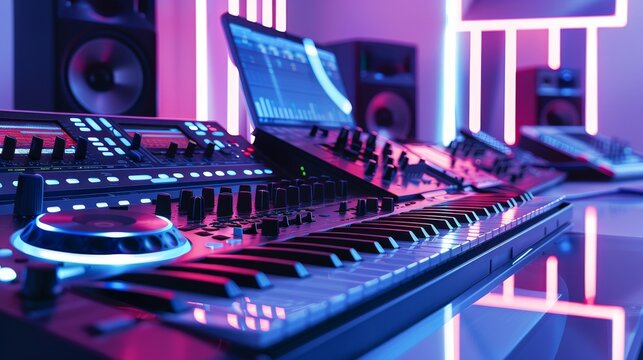 Sleek and modern DJ booth with neon lighting and advanced sound equipment offering a high tech environment for professional music production and dynamic performances