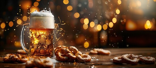 Banner for Oktoberfest with a beer mug and German pretzels on a wooden table, with space for text. Concept of German culture and tradition, Oktoberfest, autumn festivals.