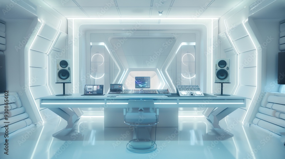 Poster futuristic recording studio with advanced audio equipment and illuminated control panels providing a