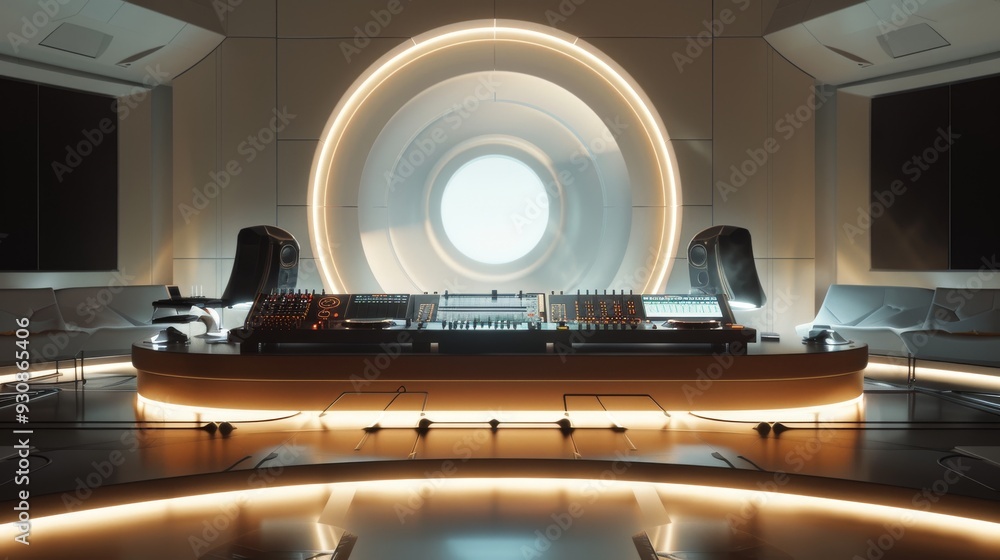 Poster high tech music production studio with circular control panels and advanced audio equipment designed
