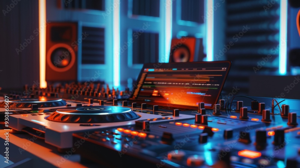 Poster high tech dj booth with advanced lighting and sound system designed for high energy music production