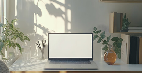 A laptop sits on a desk with a vase of plants and a bookcase behind it