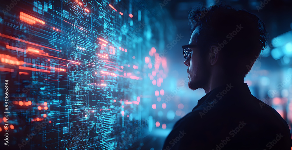 Poster a man is looking at a computer screen with a blue background and red