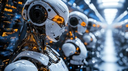 Fototapeta premium Futuristic Robots in Line AI Artificial Intelligence Technology Cyborgs