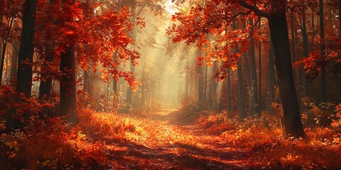 Fototapeta premium A warm autumnal forest bathed in sunlight, highlighting the rich red and orange hues of the fall foliage 