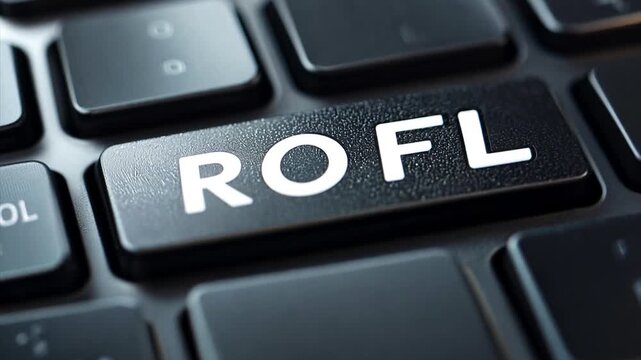 Macro close up panning to track a white lettered "ROFL" key on a contemporary black computer keyboard.