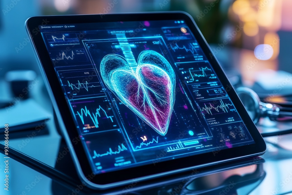 Poster digital tablet displaying a 3d heart scan with advanced medical technology representing cutting edge