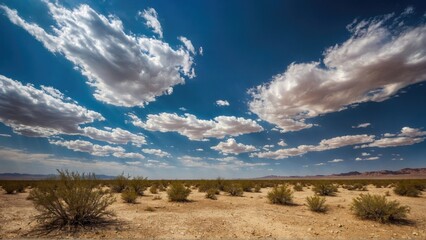 Desert Landscape with Scattered Bushes and a Blue Sky with White Clouds