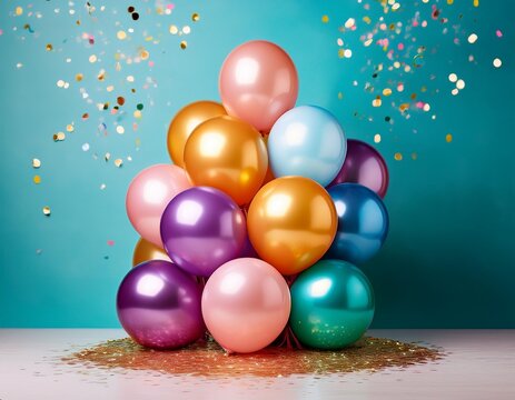 Stack of colored round balloons with confetti mockup