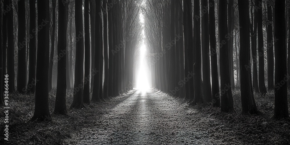 Poster monochrome forest path with tall trees and light at the end