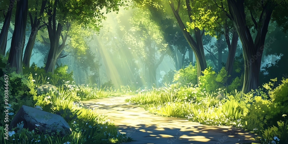 Poster a tranquil forest path with sunlight filtering through the trees, illustration background