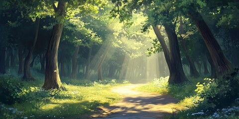 Obraz premium A tranquil forest path with sunlight filtering through the trees, illustration background