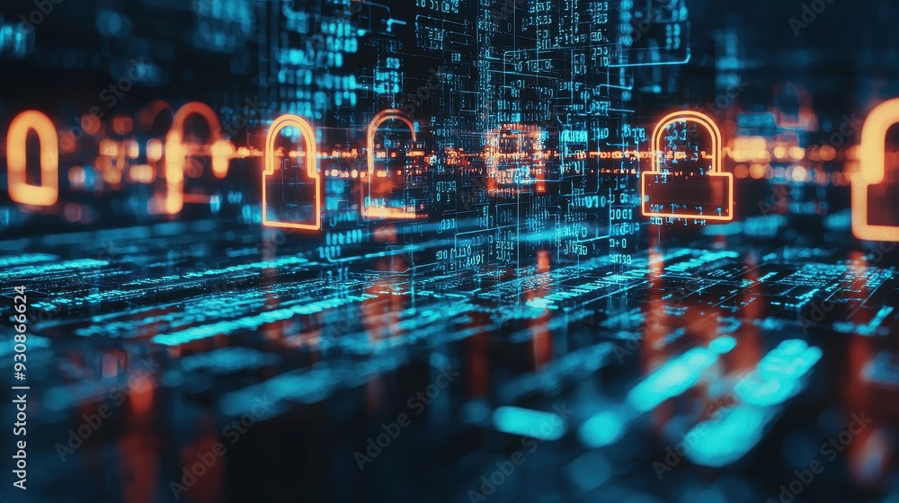 Poster abstract digital security concept with neon padlocks and code