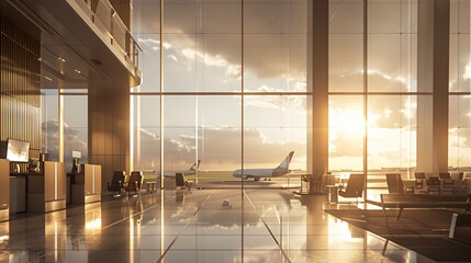 A modern airport terminal with large windows overlooking the runway, where a plane is taking off at sunset.  The floor is reflective and the light is warm and inviting.