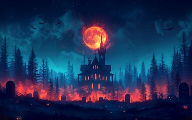 Obraz premium A spooky haunted house with a red moon and a graveyard surrounded by glowing pumpkins in the forest.