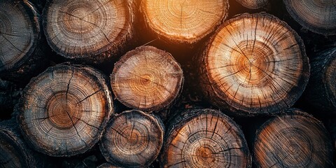 Naklejka premium Sunset light illuminating cut logs in a serene forest setting, showcasing detailed tree rings and bark textures, symbolizing the natural beauty and resourcefulness of wood