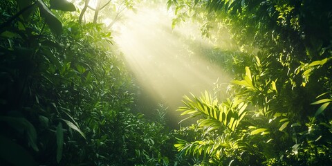 A lush green forest with sunlight filtering through the leaves