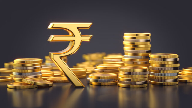 Indian rupee symbol with stacks of coins on a dark background
