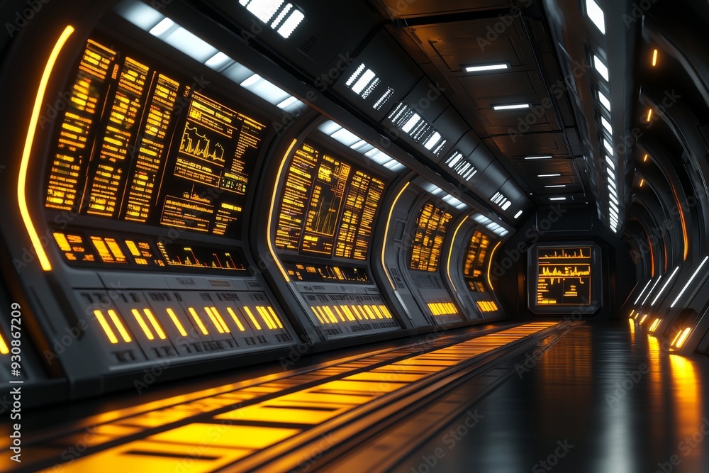Poster futuristic control room with advanced digital panels showcasing cutting edge technology and real tim