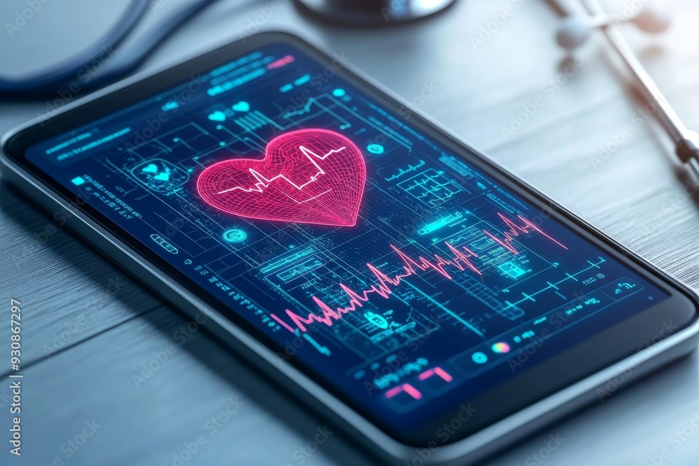 Poster futuristic digital healthcare interface displaying a heart scan representing advanced medical techno