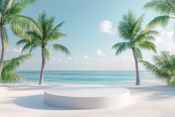 Obraz premium Beach podium summer background product 3D display platform. Serene beach with round platform and palm trees. Pedestal promotion presentation ad with generative ai