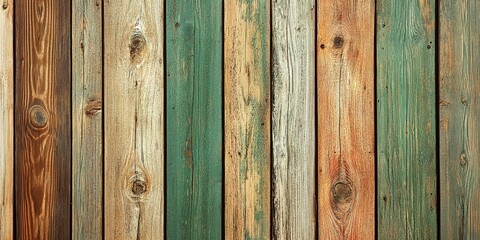 Fototapeta premium Vertical wooden planks with knots and a rustic, weathered, and faded paint. This background shows green, brown, and tan wood grain